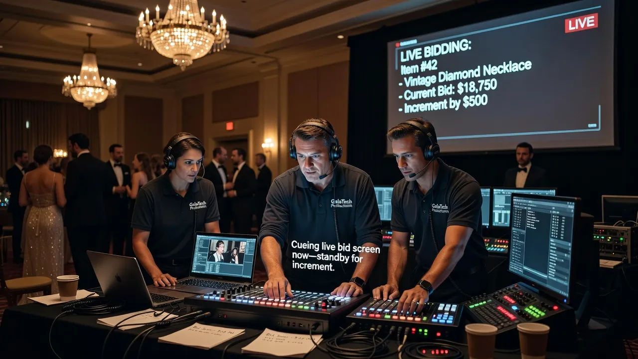 Crew cueing a live bidding screen at a gala