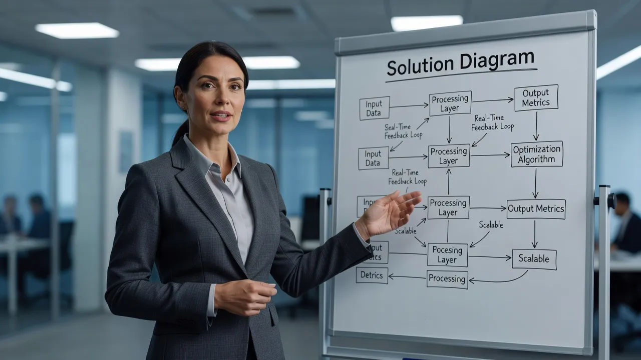 Presenter beside a solution-diagram whiteboard