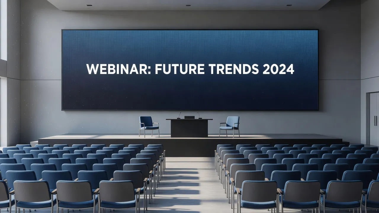 Modern webinar stage with a large screen