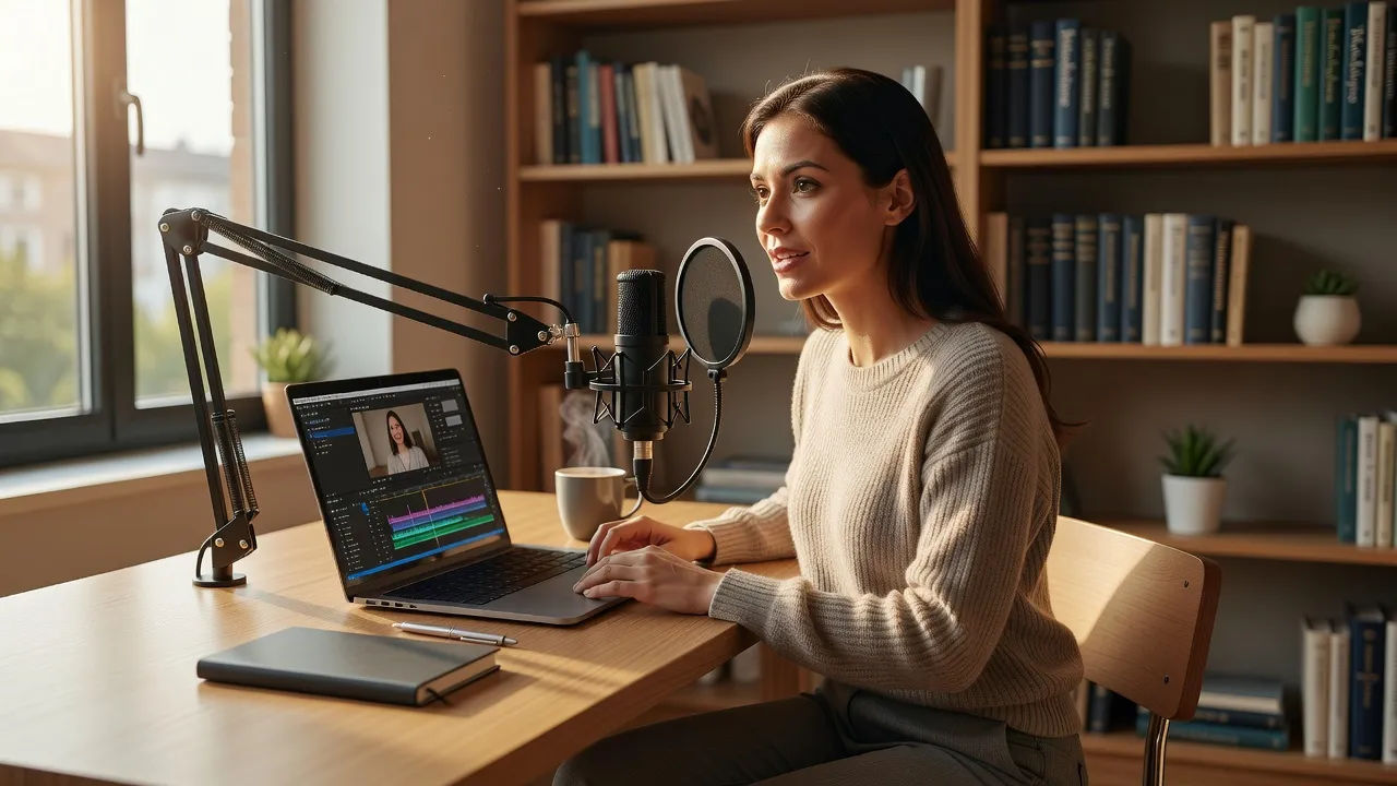 Marketer recording a demo voiceover at a laptop