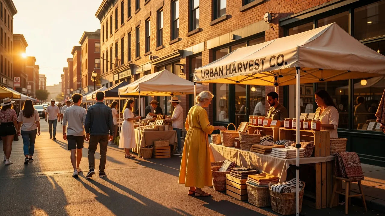 Sunlit city street with a pop-up brand stall