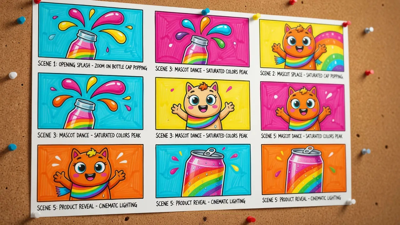 Product spot storyboard on a corkboard