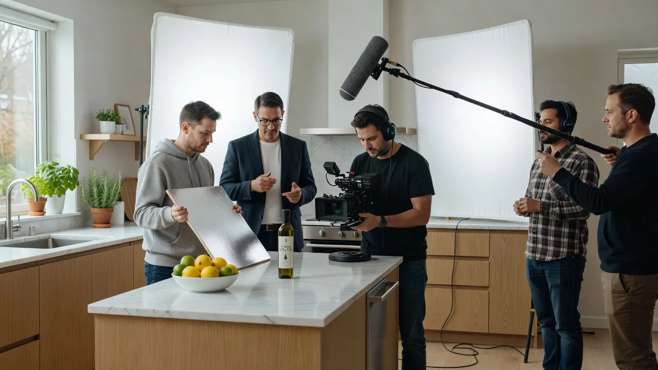 Ad crew filming a product shot on set