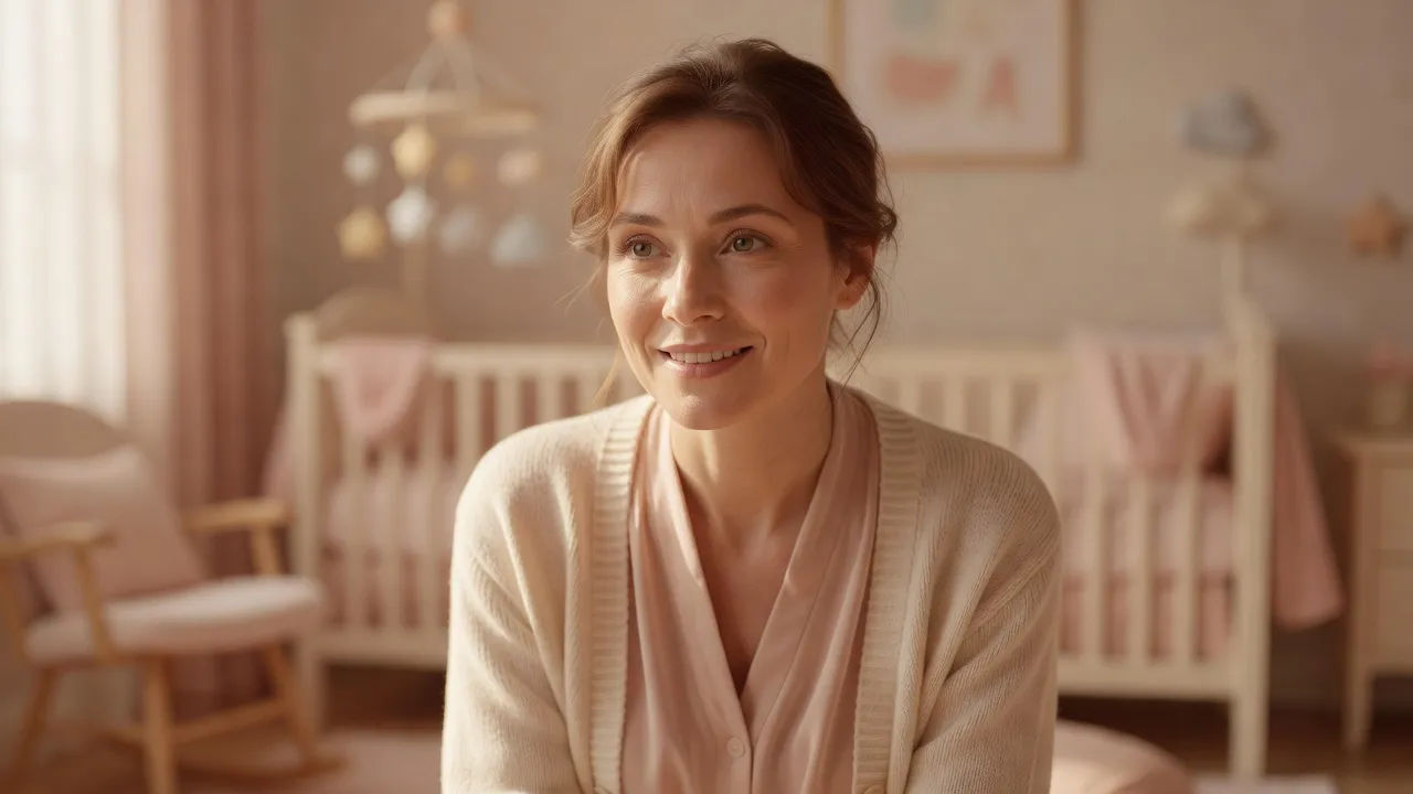 Mother speaking softly in a pastel nursery
