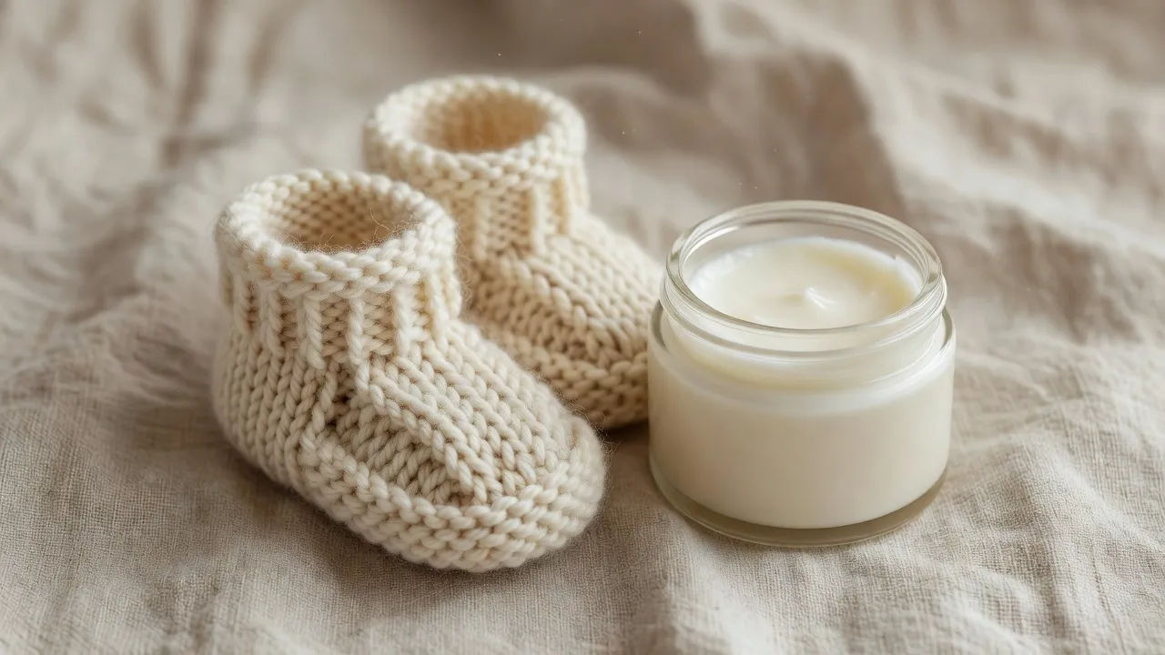 Knitted booties and a baby-care jar on linen