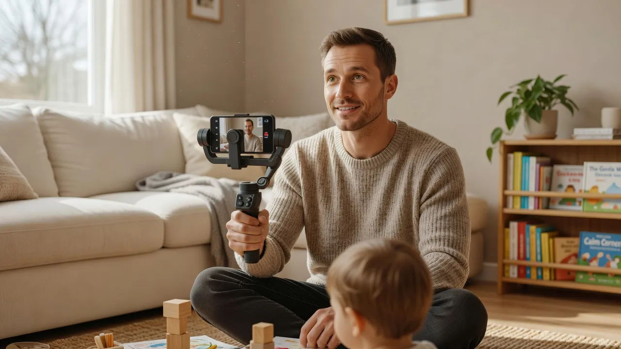 Dad recording a parenting reel on a gimbal
