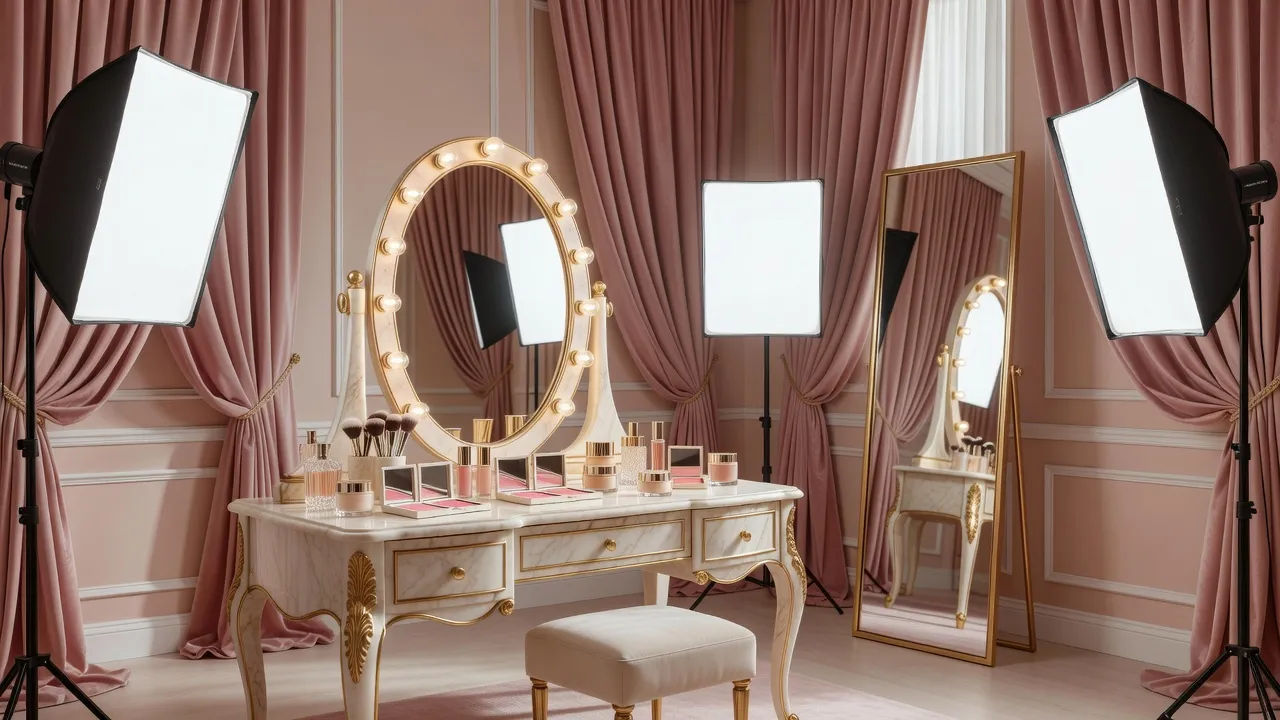 Chic beauty campaign set with a vanity
