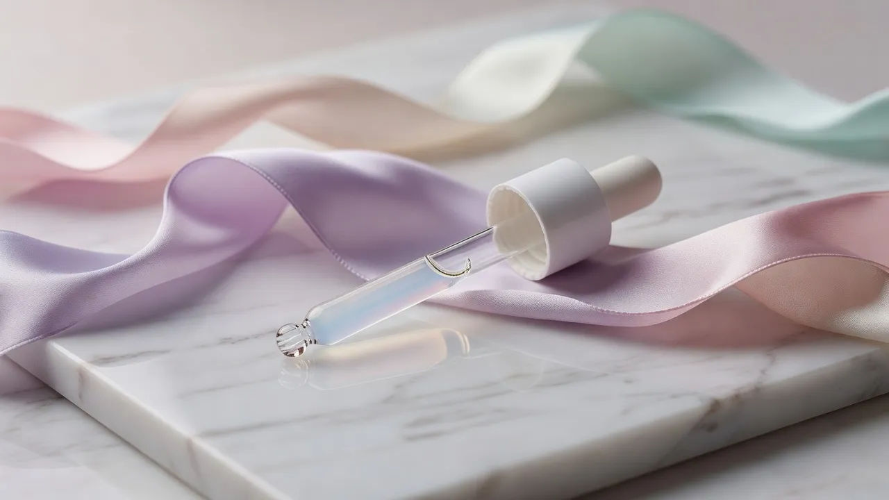 Serum dropper and silk ribbon on marble