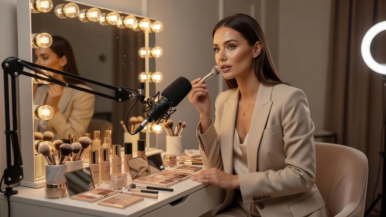 Creator filming a tutorial at a lit vanity