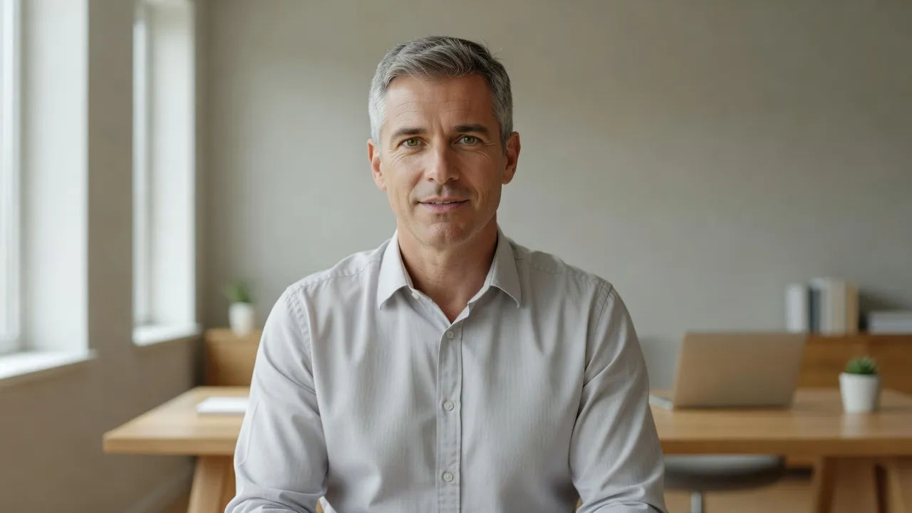 Narrator speaking in a bright office