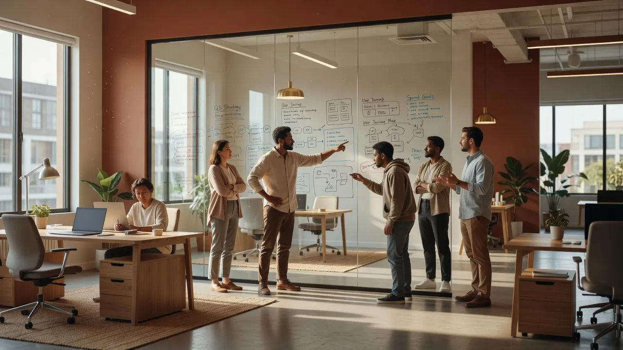 Sunlit open-plan office with a team