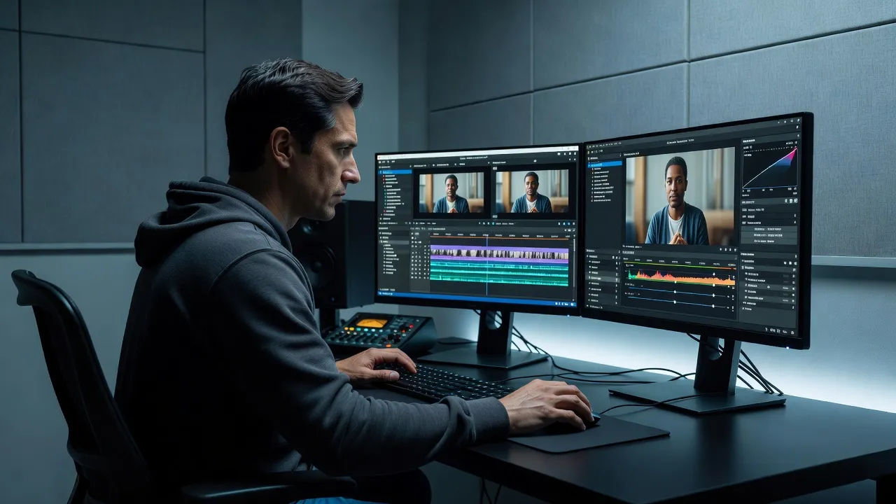 Editor assembling a customer-story video