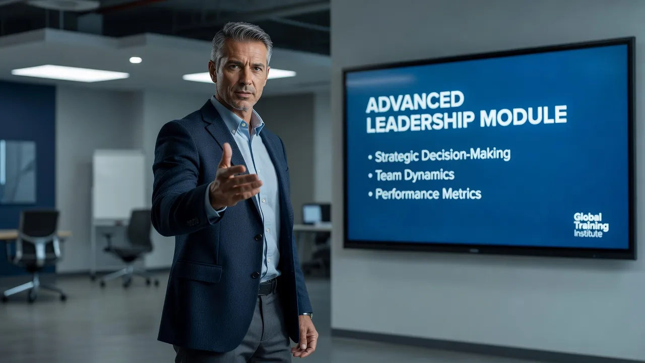 Instructor gesturing beside a training slide