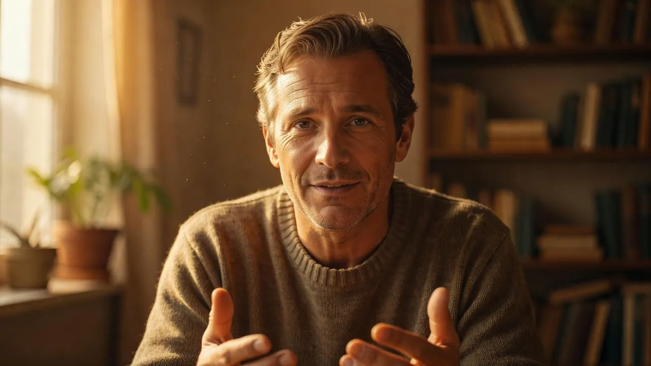 Storyteller speaking gently in golden light