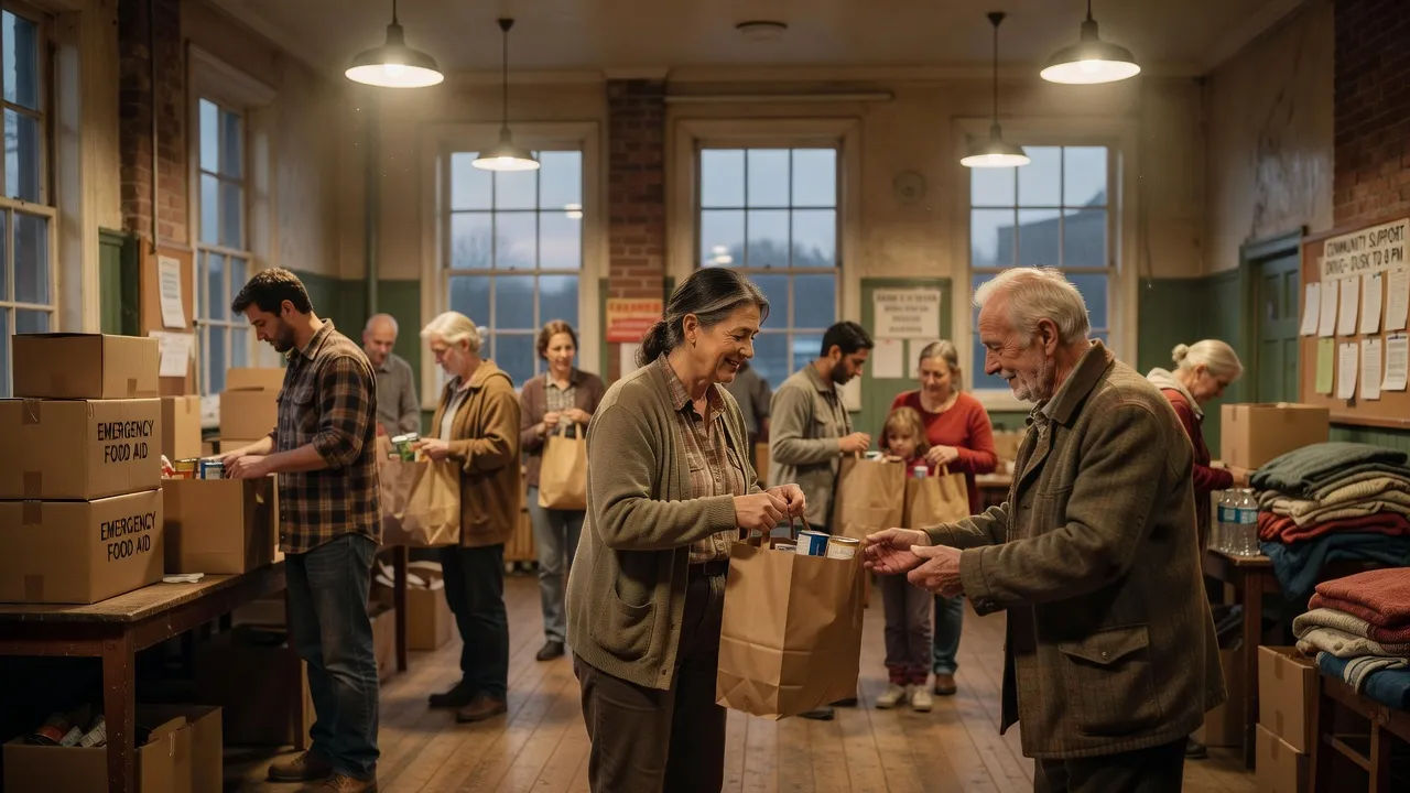 Volunteers handing out supplies at dusk