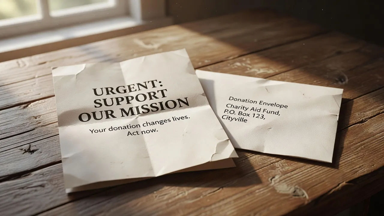 Appeal leaflet and donation envelope on wood