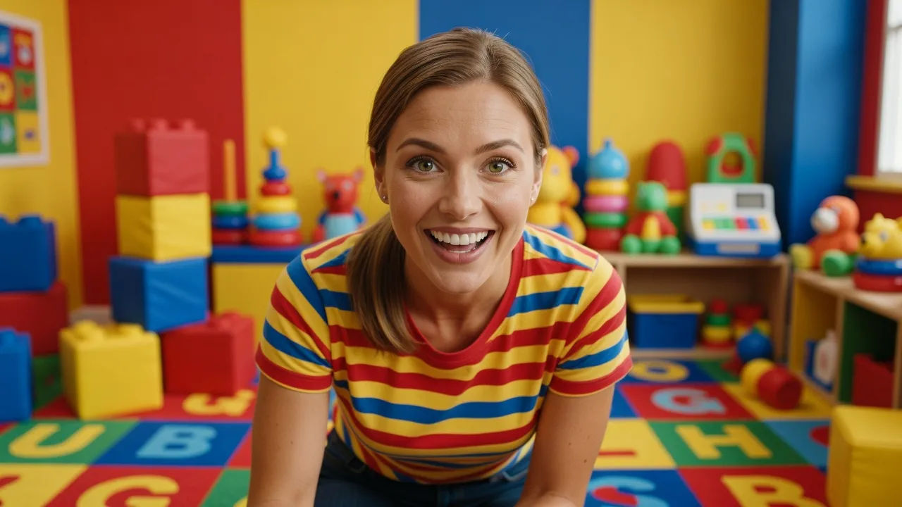 Cheerful host on a colorful playroom set