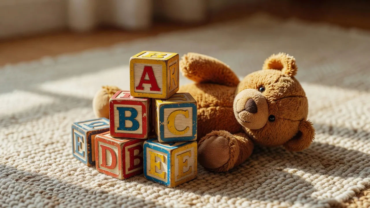 Wooden alphabet blocks and a plush toy