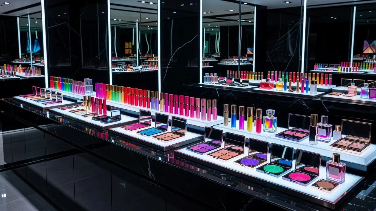 Glossy cosmetics counter with lit displays