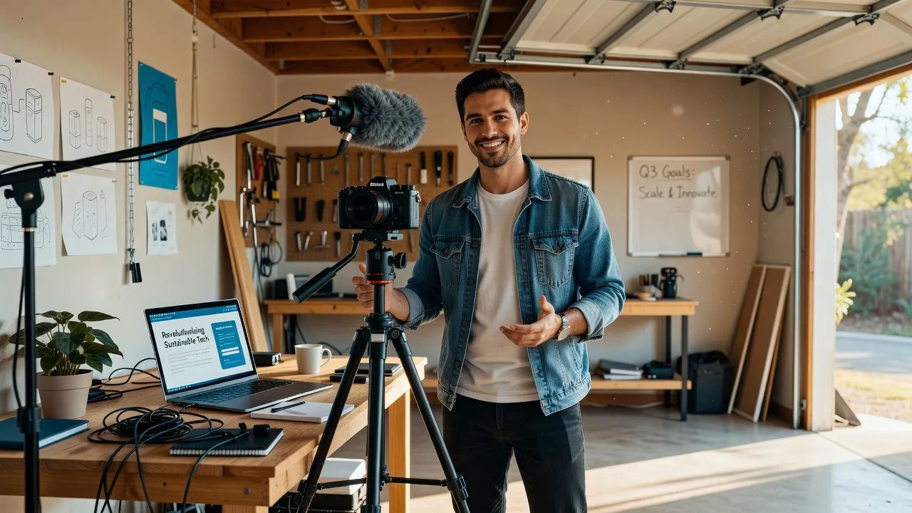 Founder filming a pitch in a garage studio