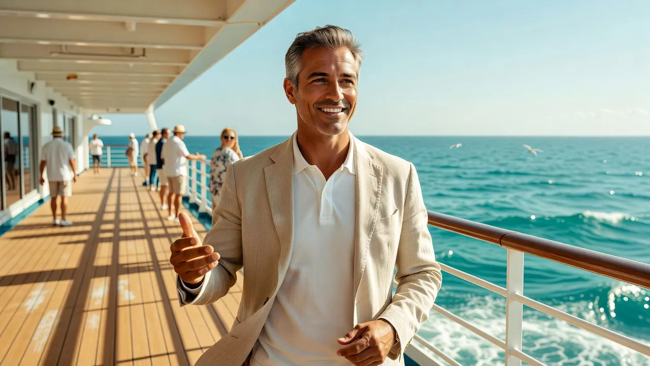 Cruise host speaking on a sunny deck