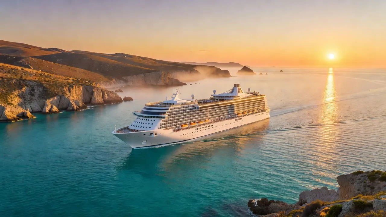 Cruise ship past a turquoise coastline