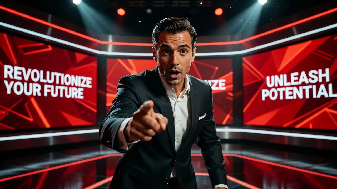 Energetic pitch host on a bold studio set