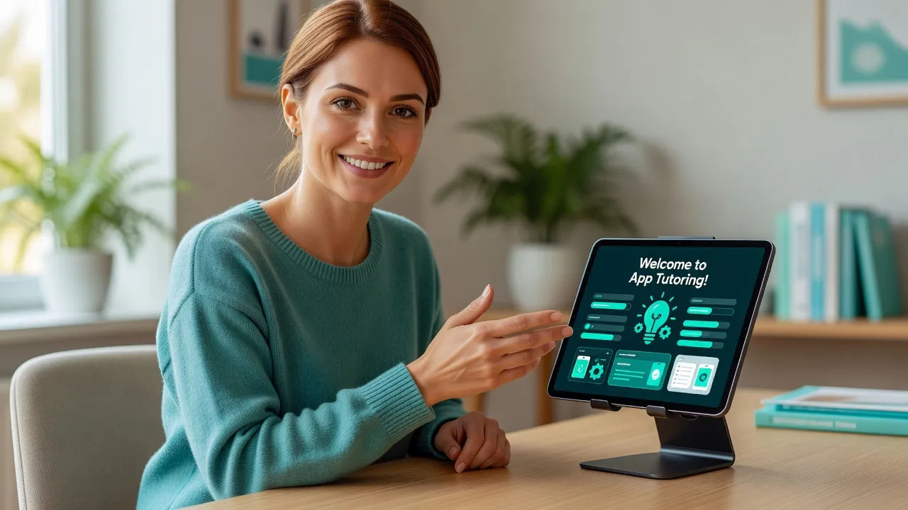 App tutor speaking beside a tablet