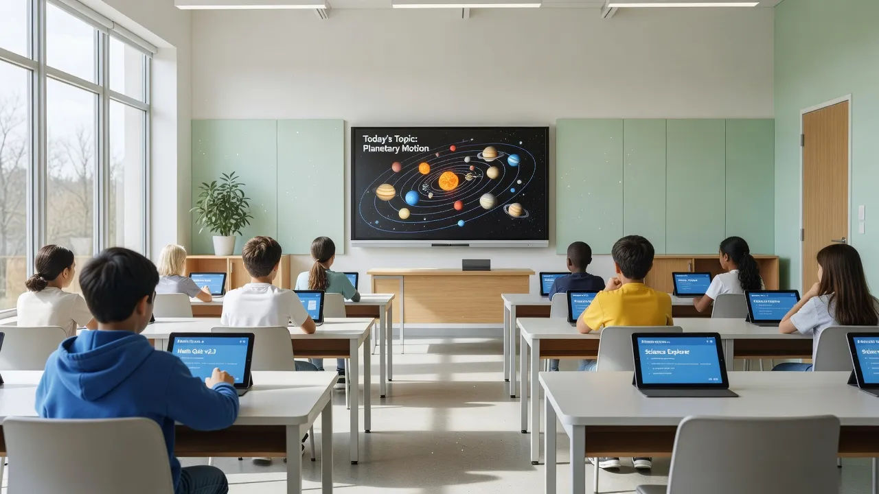 Modern classroom with tablets and smartboard