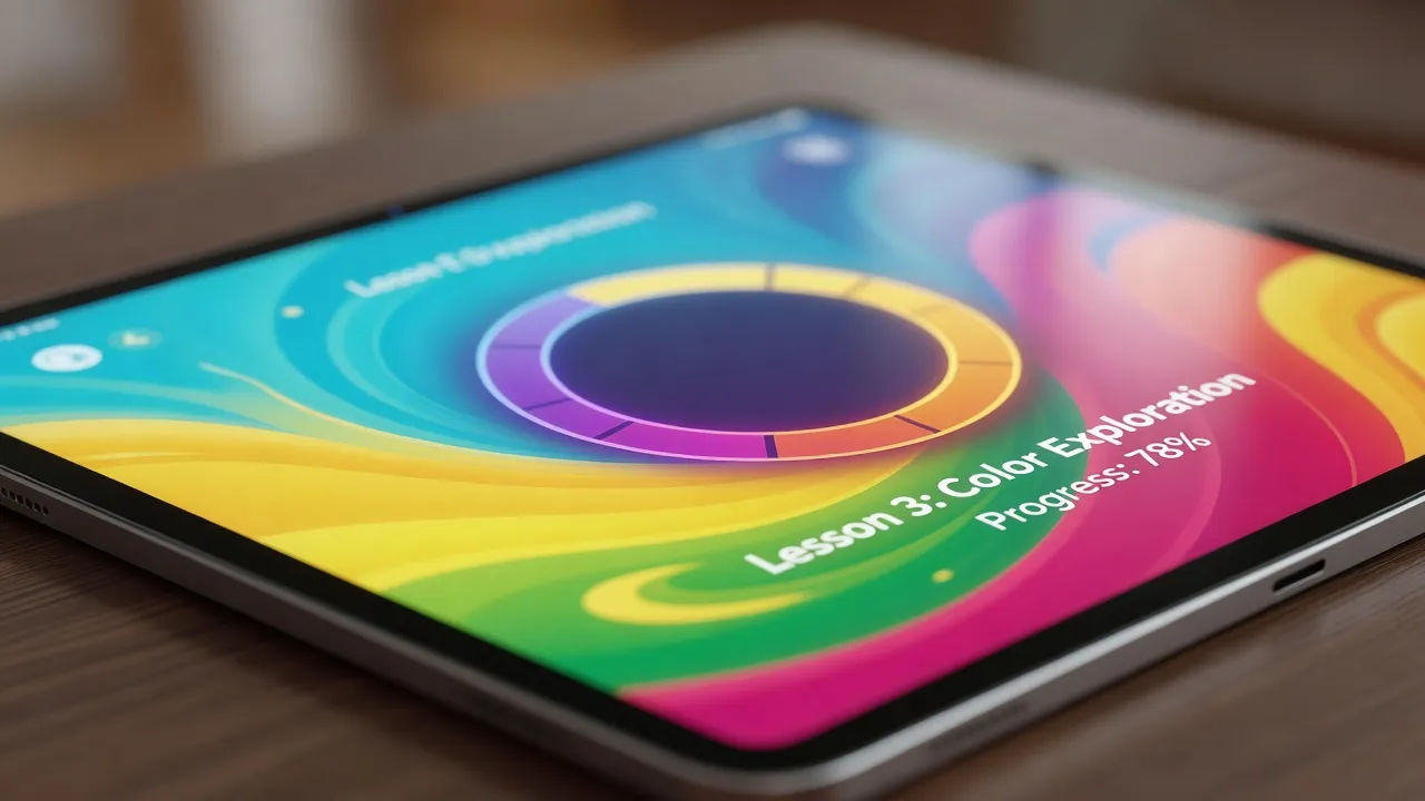 Tablet showing a colorful lesson screen