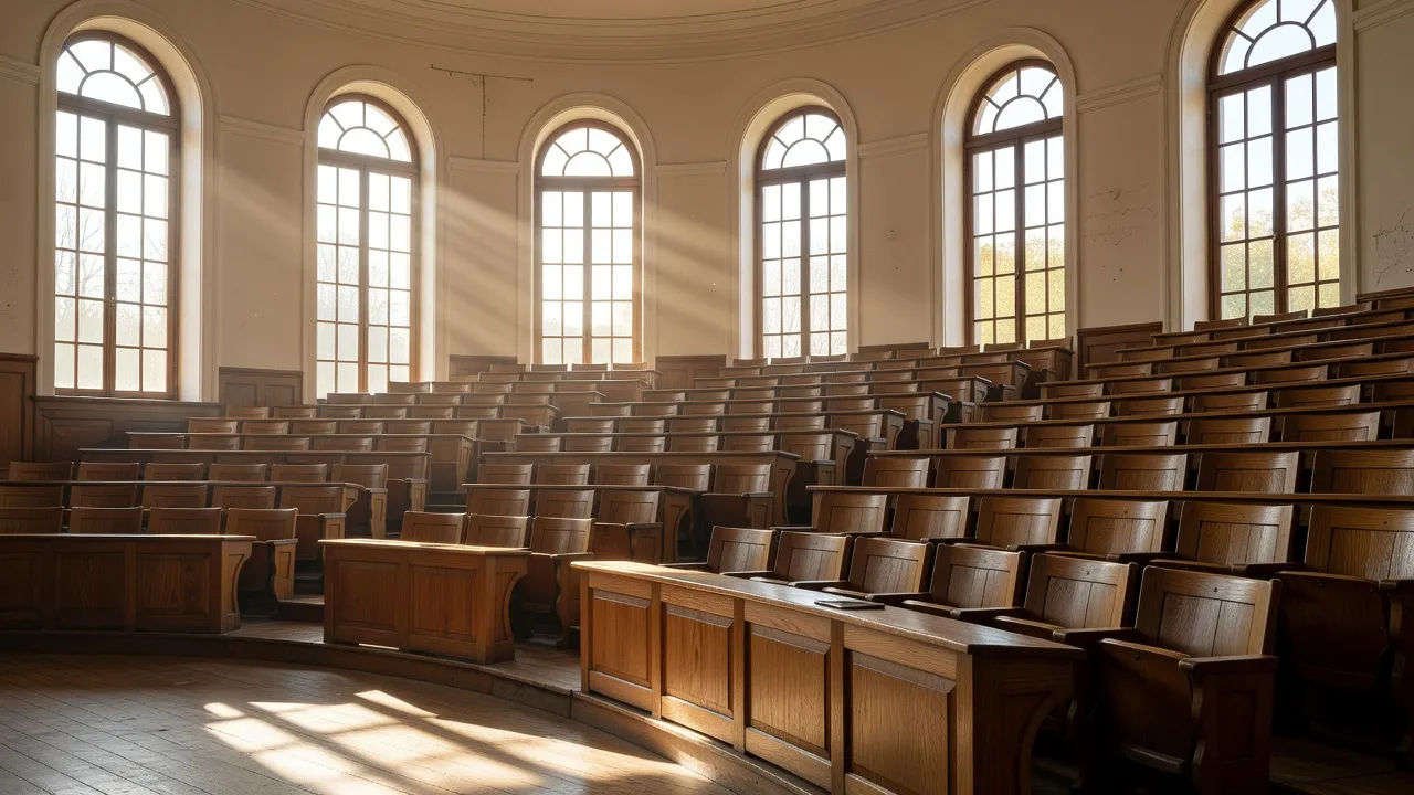 Sunlit lecture hall with tiered seats