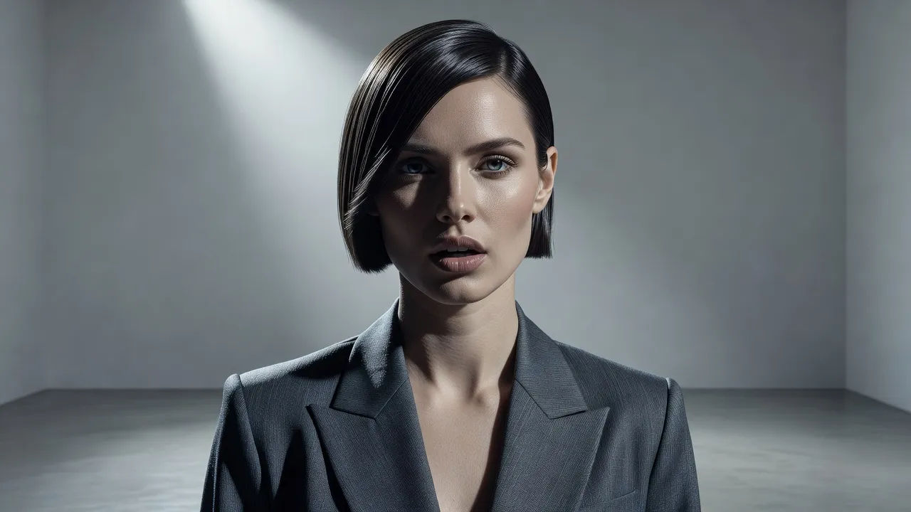 Chic model speaking in a minimalist studio