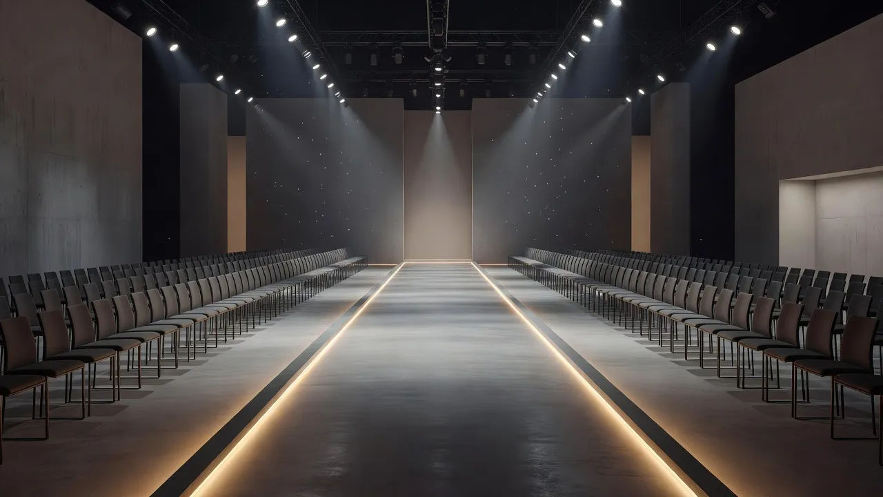 Runway catwalk lit before a show