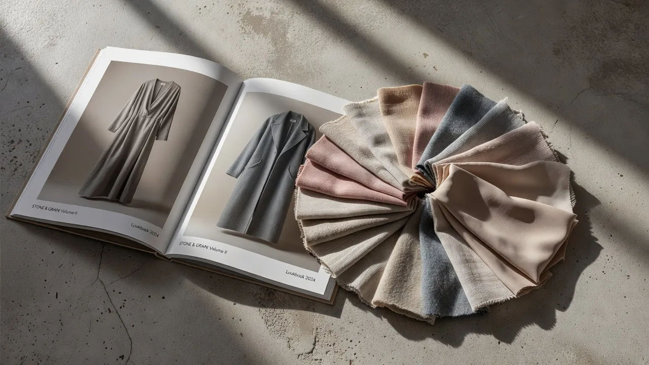 Lookbook spread and fabric swatch fan