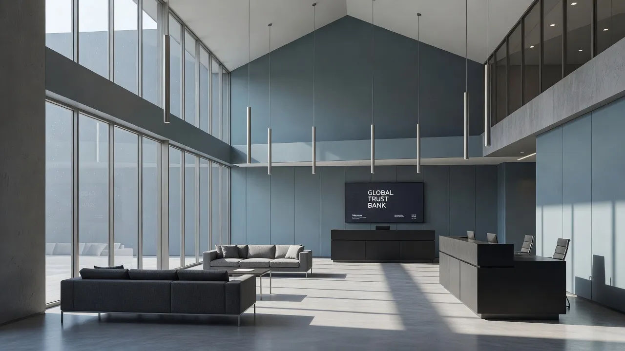 Modern bank lobby with tall glass