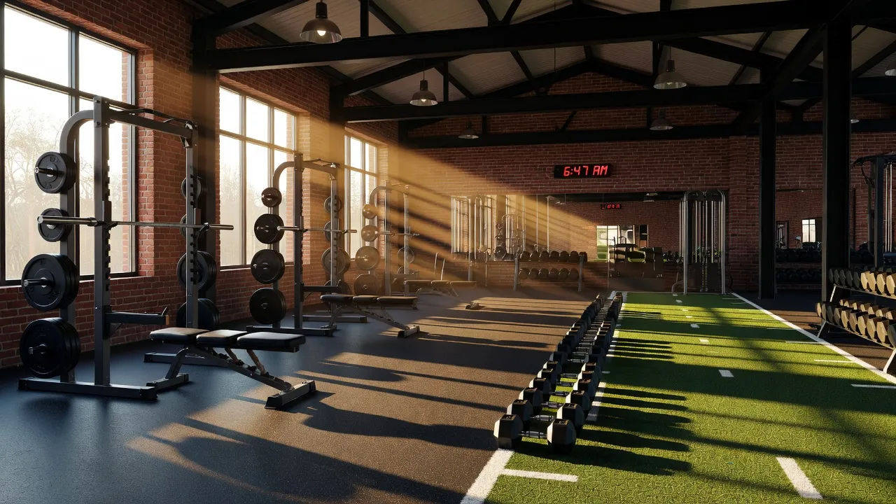 Modern gym floor with racks at dawn