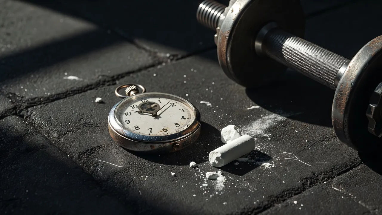 Stopwatch, chalk and a dumbbell handle