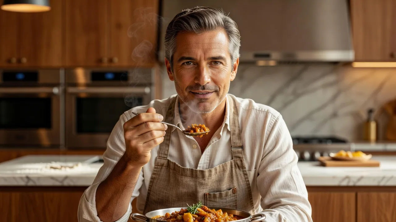 Host tasting and speaking in a kitchen
