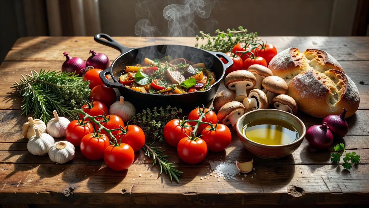 Rustic table spread with fresh ingredients