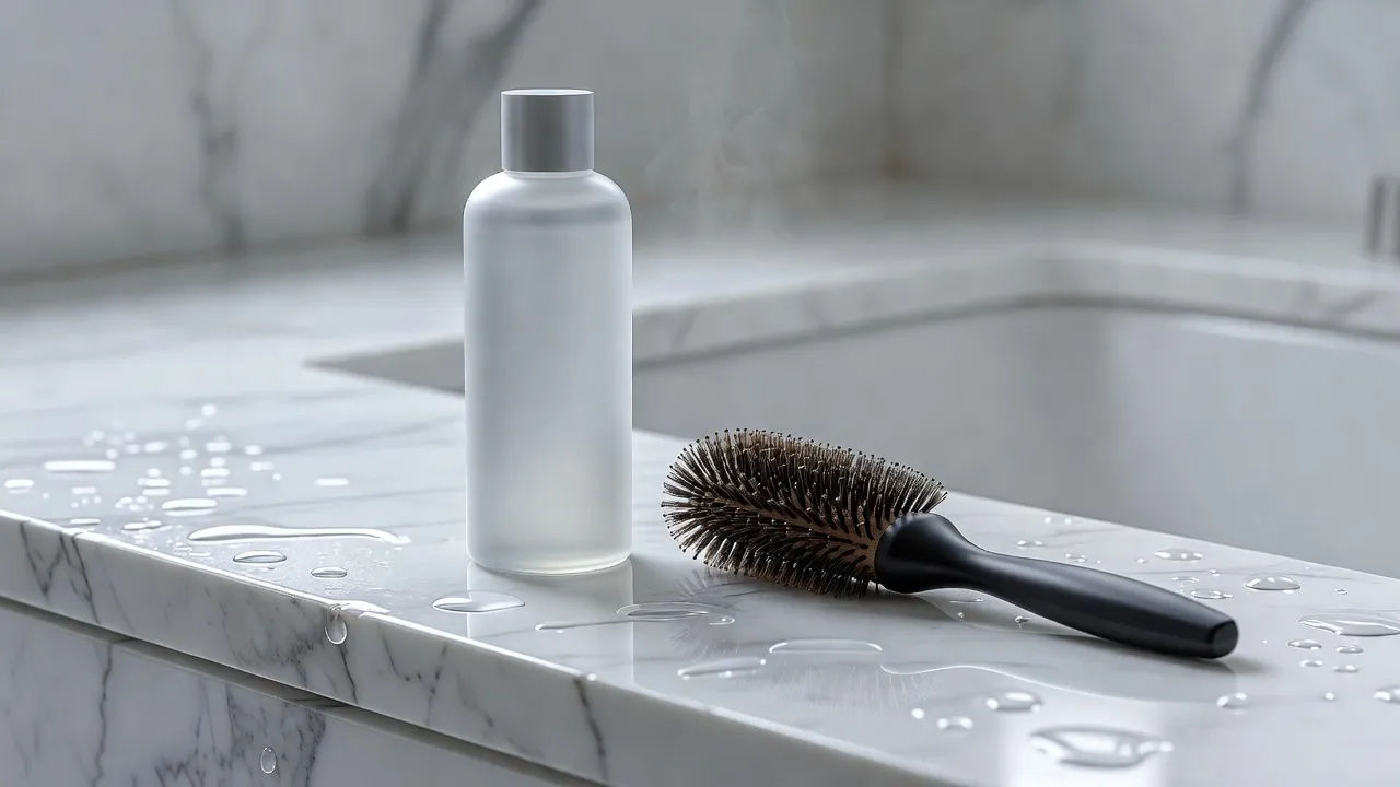 Shampoo bottle and round brush on marble