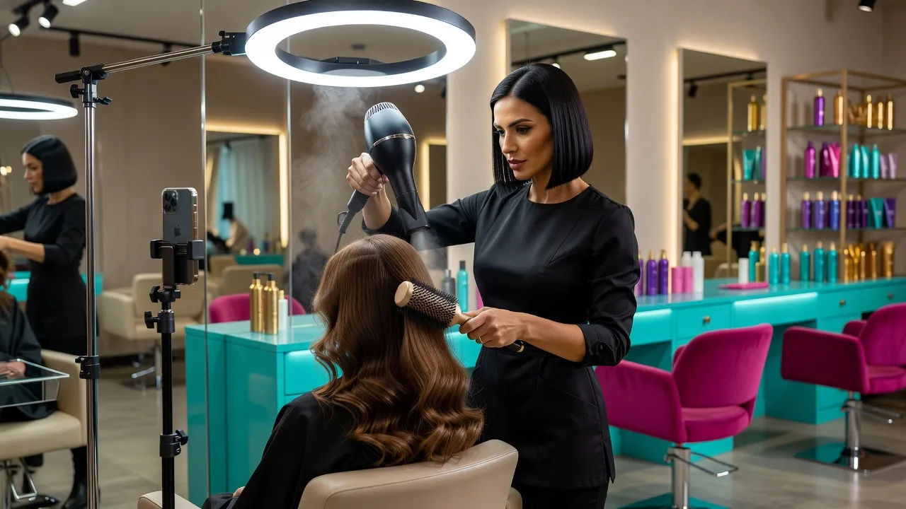 Stylist filming a blow-dry tutorial