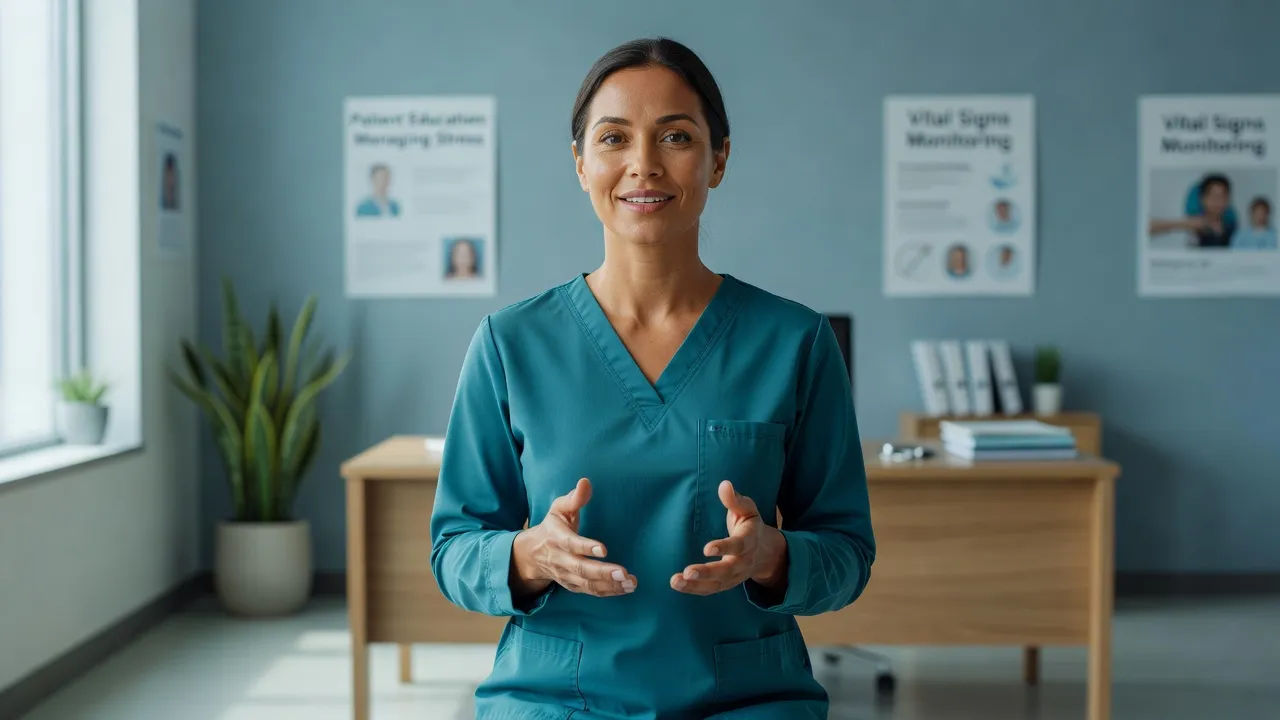 Clinician speaking reassuringly in a clinic