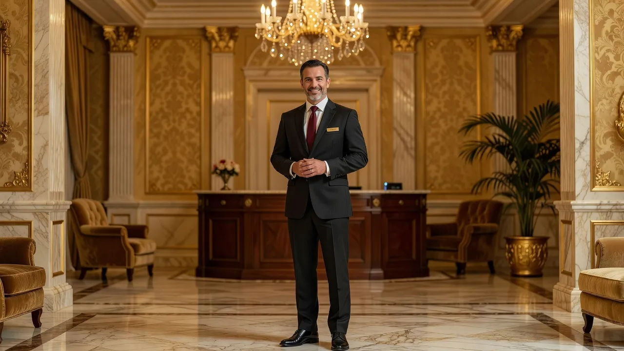 Concierge speaking warmly in a lobby