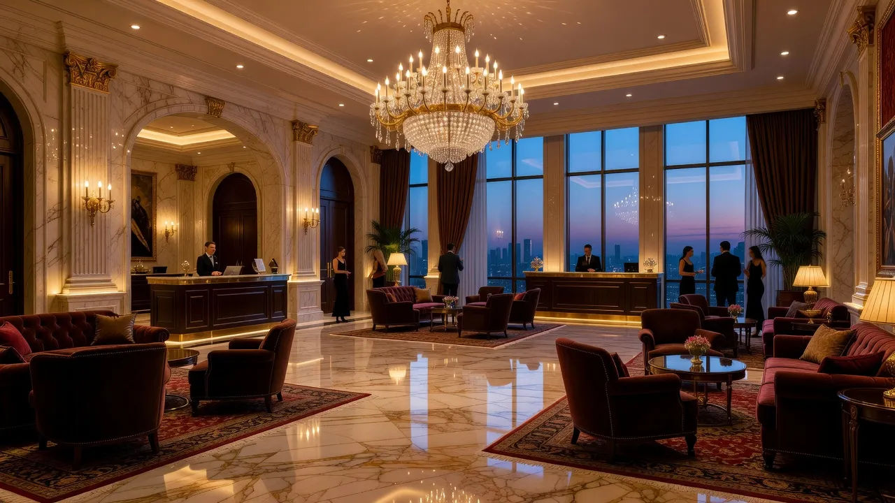 Luxury hotel lobby with a chandelier at dusk