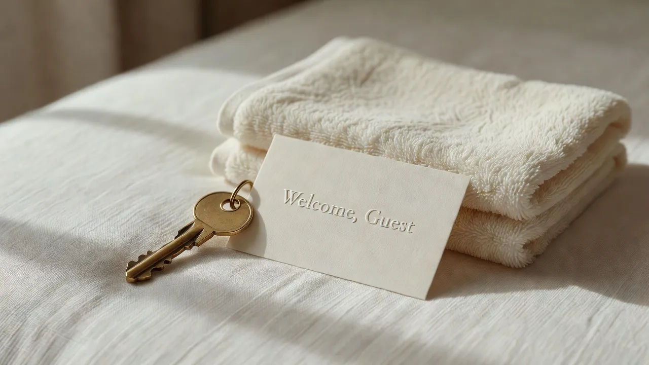 Brass room key and welcome card on linen
