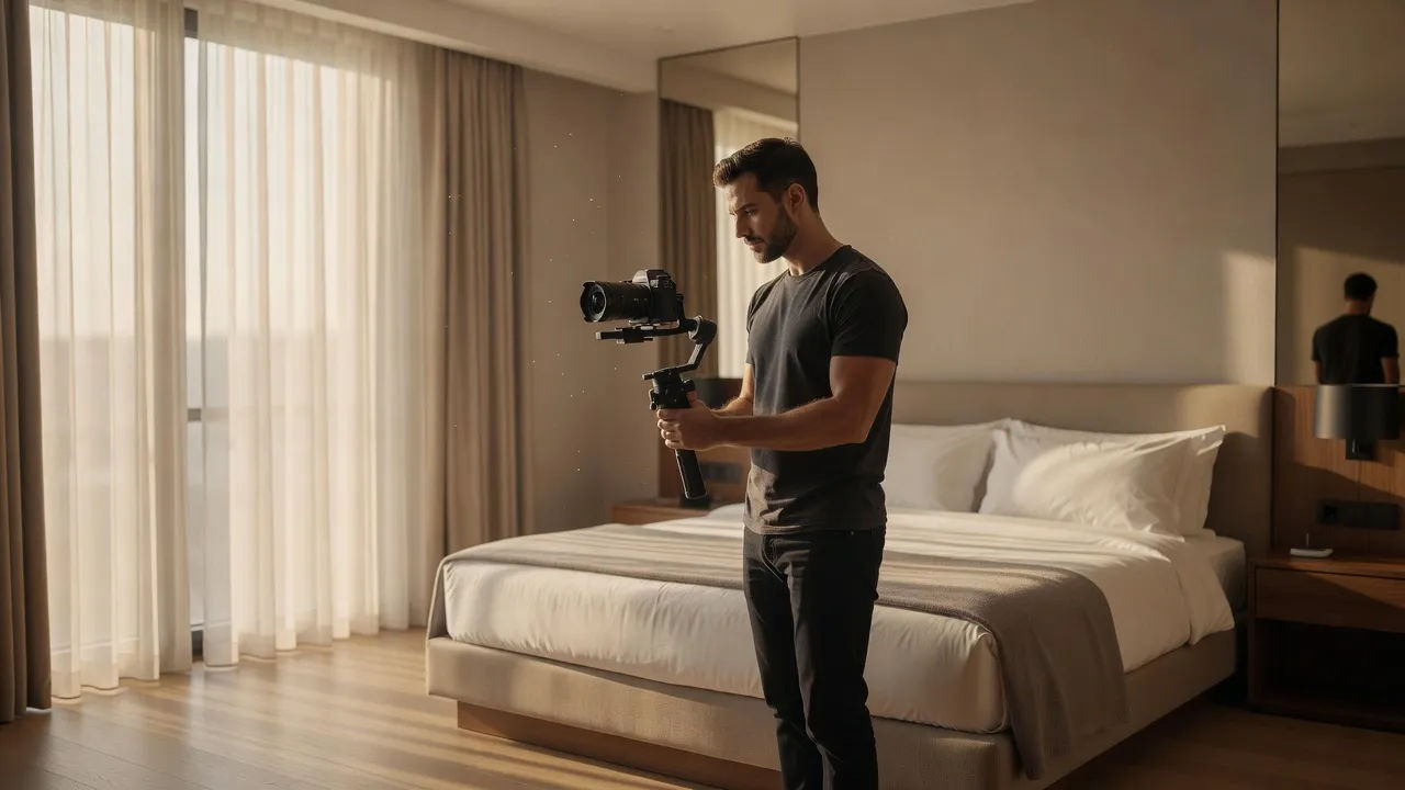 Videographer filming a suite walkthrough