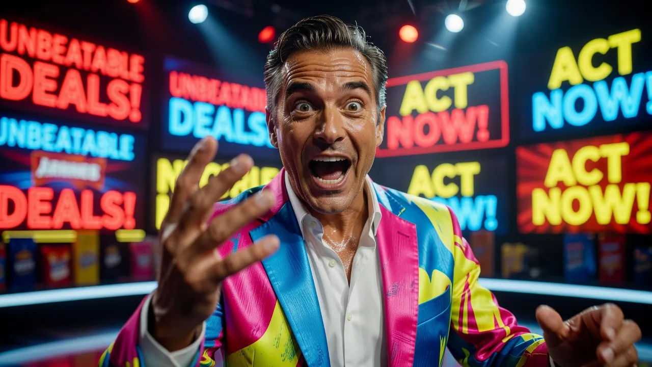 High-energy pitchman on a bright set