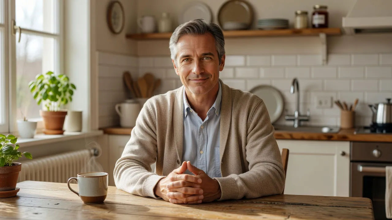 Advisor speaking calmly at a kitchen table