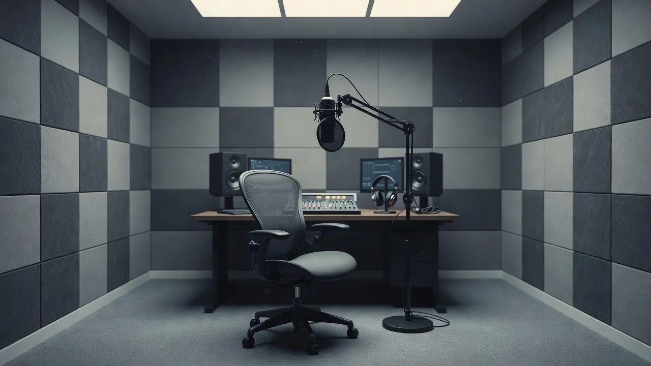 Broadcast voice studio with acoustic panels