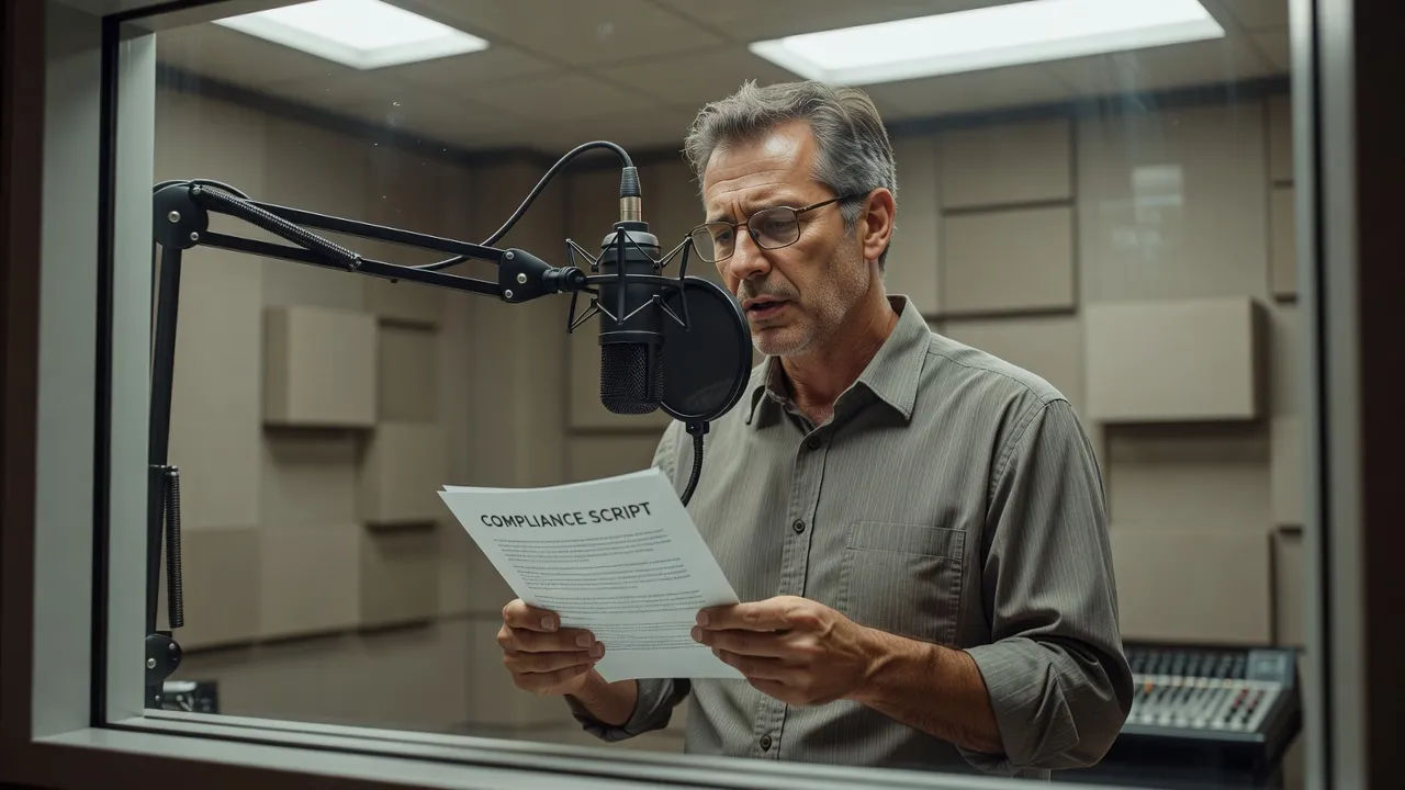 Voice actor reading a compliance script